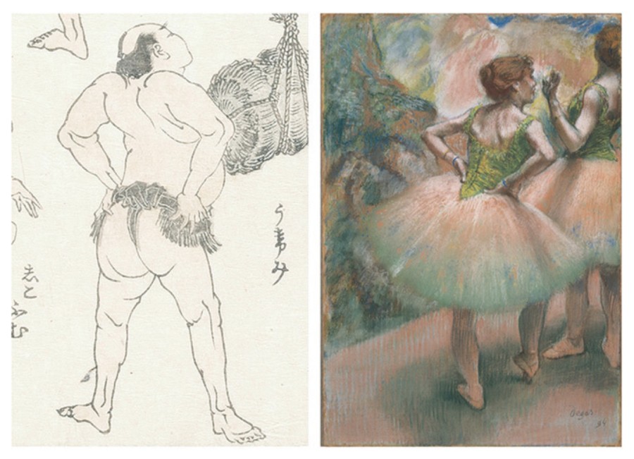 左：葛飾北齋的「北斎漫画」第十一編。右：法國畫家Edgar Degas的作品「Dancers, pick and green」